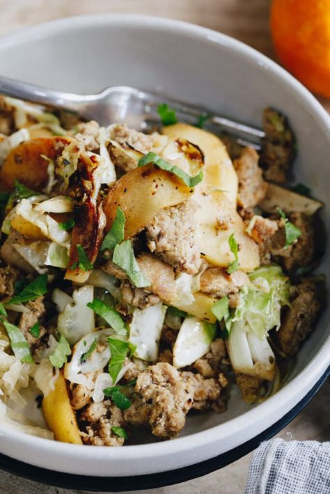 An Egg-Free Paleo Breakfast Bowl that's full of flavor and spice - sausage, apples and brussel sprouts topped with probiotic-rich sauerkraut. #paleobreakfast #glutenfree #daniellewalker #eggfreerecipe Egg Free Paleo Breakfast, Egg Free Breakfast, Against All Grain, Sage Sausage, Healthy Probiotics, Fermented Vegetables, Paleo Pumpkin, Egg Free Recipes, Breakfast Bowl