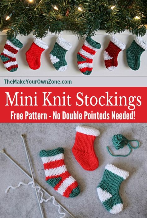 Pattern for mini knit stockings using two straight needles - no double pointed needles needed! Straight Needle Knitting Patterns Free, Knitted Christmas Stocking Patterns Free, Free Christmas Knitting Patterns, Knit Stocking Pattern, Free Knitting Patterns Uk, Christmas Stocking Pattern Free, Knitted Christmas Stocking Patterns, Stocking Pattern Free, Christmas Knitting Projects