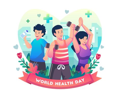 World Health Day illustration concept with People are exercising to stay healthy. Flat style vector illustration Health Day Illustration, Color Moodboard, World Health Day, Day Illustration, Health Day, Flat Style, Flat Illustration, Previous Year, Stay Healthy