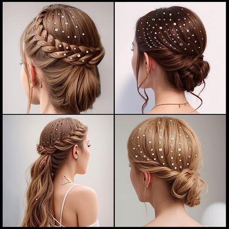 Stick On Pearls Hair, Pearl Hair Stickers, Bridal Hair With Rhinestones, Hairstyle With Jewels, Hair Stickers Hairstyles, Hair Diamonds Jewels, Hairstyle With Rhinestones, Prom Hair With Gems, Crystals In Hair