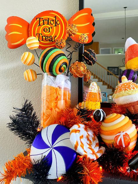 Candy Themed Halloween Decorations, Halloween Candy Display Trick Or Treat, Candy Theme Halloween Decor, Candy Themed Pumpkin Decorating, Candy Corn Theme Decor, Candy Halloween Decorations, Candyland Halloween Decor, Faux Halloween Candy, Halloween Candy Decor