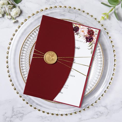 PRICES MAY VARY. 1. Package Included: 20 red velvet wrap invitation pockets, 20 blank white printable cards, 20 gold wax seals, 20 white envelopes, 20 gold ribbons. 2. Material of Wrap Pocket: Made from red velvet with thick paper for a classic elegant-look that will impress your guests. 3. Size of Invitation Pocket: Our laser cut wedding invitation pocket is 5.1x7.2", providing ample space for 5x7 invitation cards, RSVP cards, and 4x6 Details cards. 4. Easy to Print: Use a laser printer, ink pr Wedding Invitations Red And Gold, Winter Invitations Wedding, Red Wedding Invitation Card, Red Birthday Invitations, Velvet Invitation, Birthday 15, Weird Ideas, Invitation Pocket, Teal Wedding Invitations