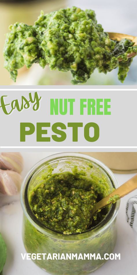 Vegan Nut Free Pesto, But Free Pesto, Dairy Free Nut Free Pesto, Nut Free Pesto Recipe, Sunflower Seed Pesto, Oil Free Pesto, Pine Nut Pesto, Chicken Pesto Pasta Salad, Vegan Pesto Recipe