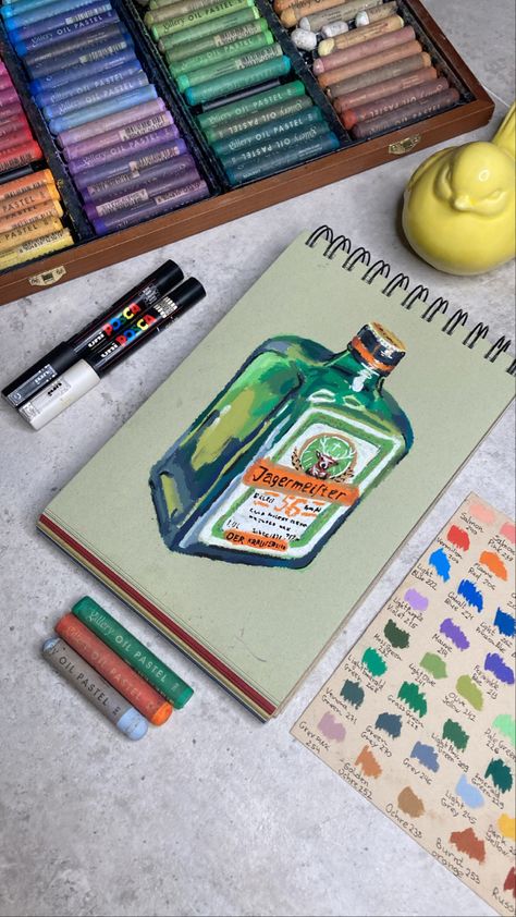 Oil Pastels Sketchbook, Drawing Pastel Oil, Liquor Drawing, Crayons Aesthetic, Acrylic Paint Markers Ideas, Paint Marker Drawings, Realistic Oil Pastel Drawings, Oil Pastel Doodles, Oil Pastel Aesthetic