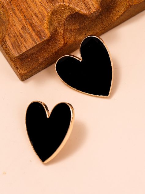 Black Fashionable   Zinc Alloy  Stud Embellished   Jewelry Stud Women, Black Heart Earrings, Embellished Fashion, Heart Shaped Earrings, Earrings Studs, Fancy Jewelry, Watches Women Fashion, Earrings Black, Girly Jewelry