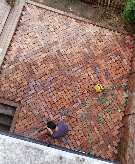 How to Lay a Patio from Reclaimed Bricks — Alice de Araujo Bricks Outdoor Ideas, Brick And Sand Patio, Brick And Wood Patio, Brick Patio Under Deck, Herringbone Brick Pavers Patio, Brick Paved Garden, Mixed Brick Patio, Brick Paved Courtyard, Brick In Garden