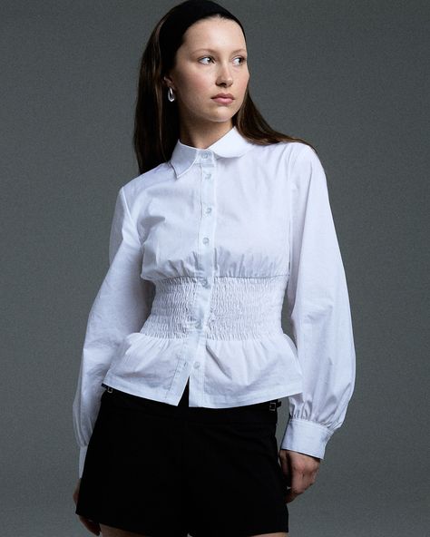 Long Sleeve Shirred Shirt — Available in White, Black and Sky Blue. Launching 7 June, 10am AEST. Peplum Hem, Guinea Bissau, British Indian, Mozambique, Fashion Clothes, Cotton Poplin, Sky Blue, Timeless Elegance, Button Up Shirts