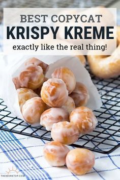 The BEST Krispy Kreme Copycat Recipe! You'll love these original glazed donuts. This detailed recipe will teach you how to make perfect Krispy Kreme doughnuts at home. The chewy texture is spot on! Learn how to make these donuts on The Worktop. || #krispykreme #copycatrecipe #donuts Homemade Snacks From Scratch, How To Make Donuts At Home, Krispy Kreme Donuts Recipe, Krispy Kreme Recipe, Krispy Kreme Copycat Recipe, Copycat Krispy Kreme, Easy Donut Holes, Donuts Krispy Kreme, Made From Scratch Recipes