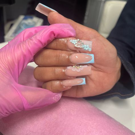 Light Blue Medium Nails, Blue Nails Medium Length, Medium Blue Nails, Medium Length French Tip Nails, Medium Length Nails Acrylic, Medium Length Acrylic Nails, Acrylic Nails Light Blue, Blue French Tips, Nail Board