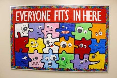 School Therapy Bulletin Boards, Counseling Board Ideas, Alike And Different Bulletin Board, Social Awareness Bulletin Board, Fccla Bulletin Board Ideas, Unity Day Classroom Door Decorations, Bulletin Board Ideas For Therapists, Enrichment Bulletin Board, Get To Know Us Bulletin Board