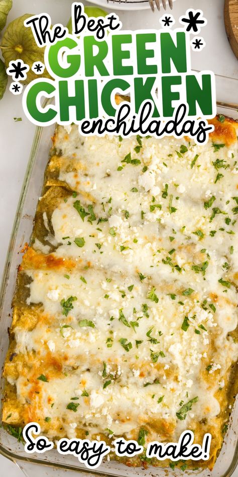 Green chicken enchiladas are packed with so much flavor, with a hint of heat, and is an easy Mexican dinner that's ready in just 45 minutes. Plus, they freeze and reheat well, so make a big batch for later! Best Green Chicken Enchiladas, Green Chili Chicken Enchiladas Corn Tortillas, Hatch Green Chili Enchiladas, Authentic Green Chili Chicken Enchiladas, Small Batch Chicken Enchiladas, Keto Green Chili Chicken Enchiladas, Easy Enchiladas Verdes, Smothered Green Chili Burritos, Green Enchiladas Chicken Casseroles