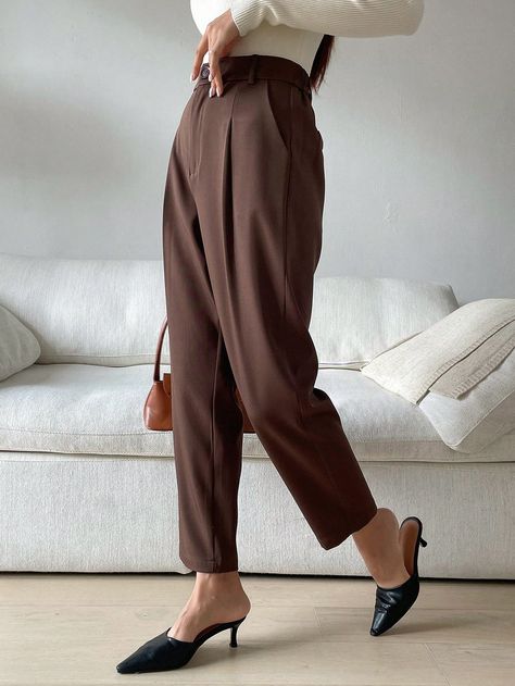 Coffee Brown  Collar  Woven Fabric Plain Tapered/Carrot Embellished Non-Stretch  Women Clothing Carrot Pants Outfit, Cropped Suit, Business Casual Suit, Carrot Pants, Zapatos Mary Jane, Mens Chino Pants, Hooded Tee, Future Style, Stocking Tights