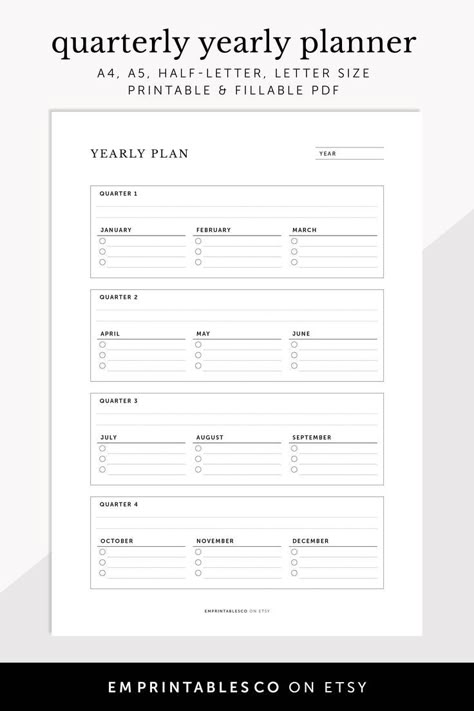 Quarterly Yearly Planner - Instant Download  
Digital, Fillable & Printable Planner

This printable planner features a yearly overview with 4 main sections for each yearly quarter. Within each section, there's a checklist for each month. Use it for your yearly reflection or set yearly goals. Life Binder Printables, Printable Meal Planner Monthly, Yearly Reflection, Yearly Planner Printable, Exam Planner, Quarterly Planner, Yearly Overview, New Year Planning, Goals Template