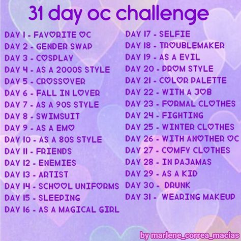 Oc Drawing Prompts, Day Oc Challenge, 30 Day Art Challenge, 30 Day Drawing Challenge, Draw Your Oc, Prompt List, Art Style Challenge, Drawing Ideas List, Oc Challenge