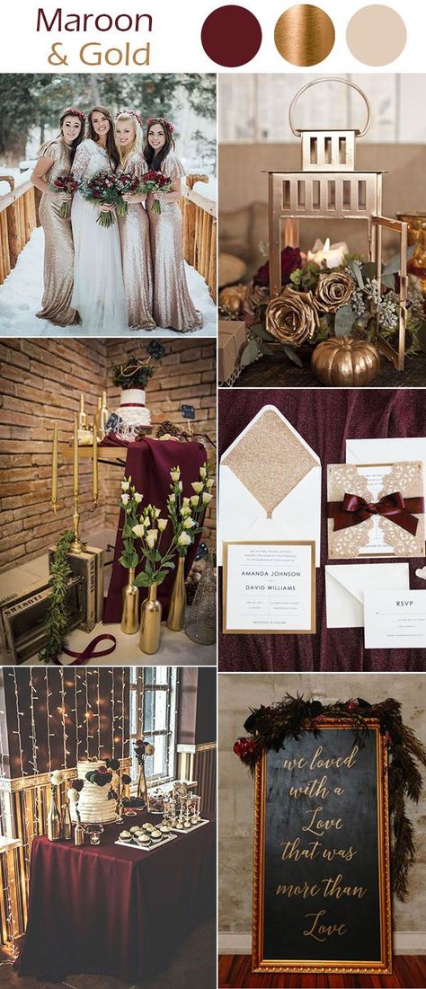 Gold Winter Wedding, Wedding Color Scheme, Maroon Wedding, Gold Wedding Theme, Winter Wedding Colors, Wedding Color Inspiration, Winter Wonderland Wedding, Wonderland Wedding, Burgundy And Gold