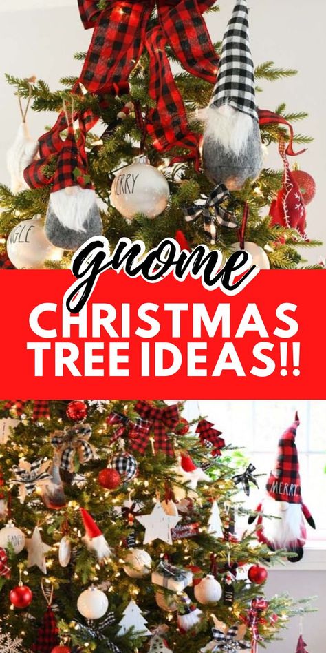 A red, black, and white buffalo plaid tree with gnomes. Gnome Ornaments Christmas Tree, Gnome Christmas Trees Ideas, Gnome Themed Christmas Tree Ideas, Gnome Christmas Tree Theme, Gnome Themed Christmas Tree, Gnome Christmas Tree Ideas, Gnome Themed Christmas, Christmas Tree Buffalo Plaid, Christmas Knomes