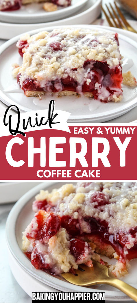 Quick Cherry Coffee Cake, this easy to make coffee cake recipe has been passed down through generations. Your family will love it, too! Best Breakfast Coffee Cakes, Easy 8x8 Desserts, Easy Cherry Coffee Cake Recipes, Cherry Filling Recipes Canned, Cherry Coffee Cake Recipes Pie Fillings, Upside Down Cherry Cake, Fruit Coffee Cake Recipes, Cherry Coffee Cake Recipes, Quick Coffee Cake Recipes