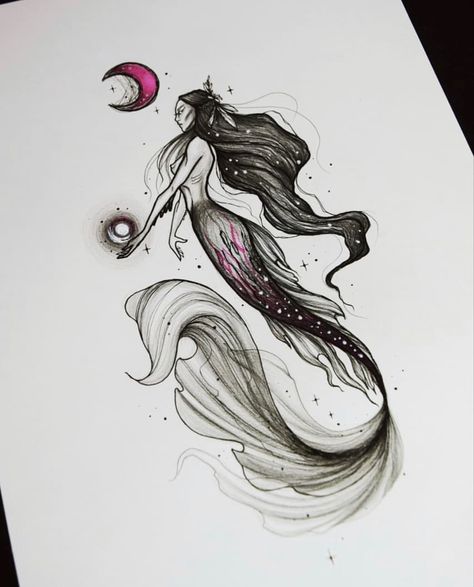 Fairy Tattoo Sketch, Witchy Mermaid Tattoo, Mermaid Tattoo Designs Sketches, Siren Tattoo Dark Mermaid, Siren Tattoo, Mermaid Sketch, Mermaid Tattoo Designs, Cnidaria, Capricorn Tattoo