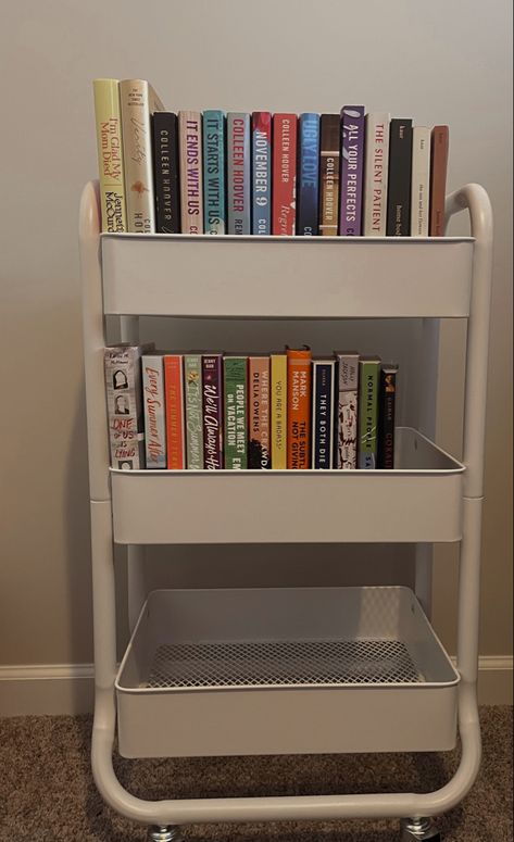 Bedroom With Books, Cart Aesthetic, Modern Night Table, Empty Book, Bookshelf Aesthetic, Mini Bookshelf, Book Carts, Book Cart, Bookshelf Inspiration