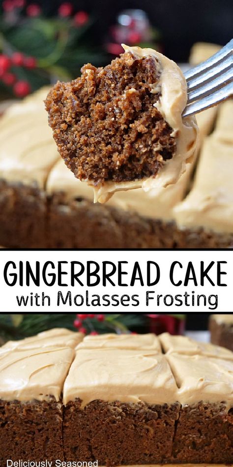 A double collage photo of gingerbread cake with molasses frosting. Fika Recipes, Molasses Frosting, Moist Gingerbread Cake, Moist Gingerbread, Gingerbread Dessert, Batch Baking, Gingerbread Cake Recipe, Desert Ideas, Moist Cake