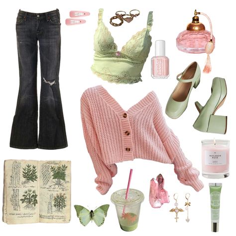 Aphrodite Aesthetic Outfit Pink, Spring Lookbook Outfit Ideas, Cute Outfit Ideas Y2k, Zeldacore Outfits, Easy Kpop Outfits To Recreate, Picnic Core Outfit, Green And Pink Fits, Howl Outfit Aesthetic, Spring Core Outfits