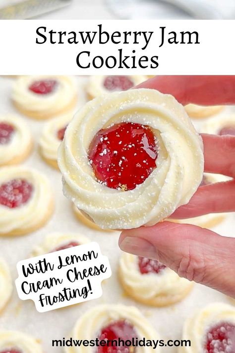 Strawberry Jam Cookies are pretty little cookies with a lemon shortbread cookie base swirled with creamy lemon cream cheese frosting dolloped with delicious strawberry jam. Strawberry Jam cookies are the perfect sweet treat for Valentine's Day, your Christmas cookie platter, or just because. Christmas Baking Goodies, Strawberry Jam Cookies, Strawberry Shortbread, Cookies With Lemon, Jam Strawberry, Strawberry Cheesecake Bites, Cookies For Christmas, Lemon Shortbread, Lemon Shortbread Cookies