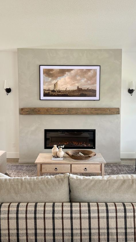 Beside Fireplace Wall Decor, Electric Fireplace Hallway, Limewash Fireplace Mantle, Living Room With Grey Fireplace, Large Wall With Fireplace, Tv Build Out With Fireplace, Drywalled Fireplace Ideas, Fireplace Ideas Basement, Fireplace Tv Wall Brick