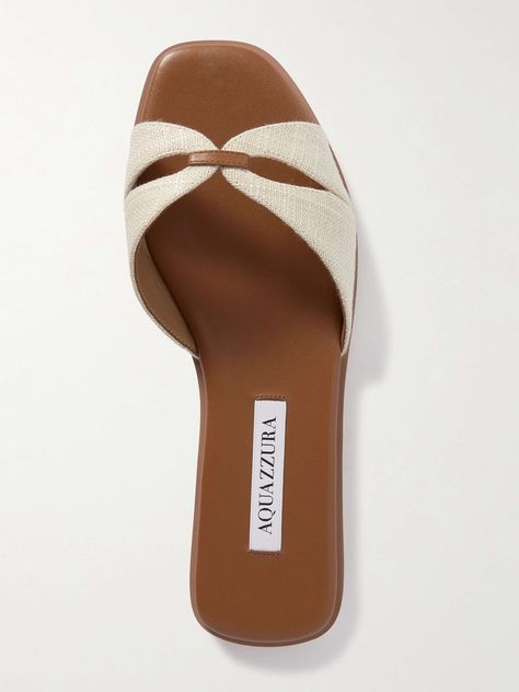 Find AQUAZZURA Villette Leather-trimmed Canvas Slides on Editorialist. Aquazzura's 'Villette' slides are made from curved canvas straps that form subtle cutouts and connect at the center with a leather trim. They're set on padded footbeds for a comfortable fit and have slight wooden heels. Wear yours with everything from midi dresses to jeans. Flat Sandals For Women, Wooden Heels, Fashion Shoes Sandals, Genuine Leather Sandals, Fashion Slippers, Shoe Inspo, Girly Shoes, Leather Slide Sandals, Leather Sandals Women