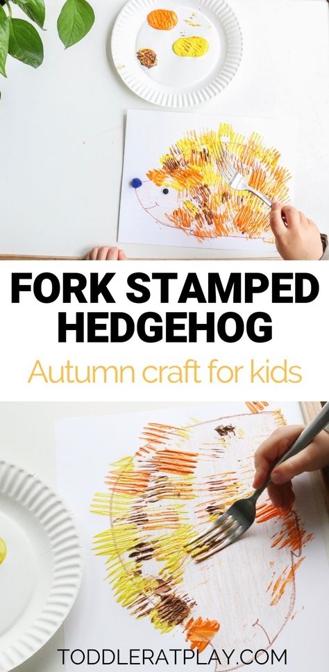 Fork Stamped Hedgehog Craft - Toddler at Play Hedgehog Fork Painting, Hedgehog Playdough, Playdough Area, Painted Hedgehog, Forest Animals Preschool, Hedgehog Crafts, Wildlife Week, Craft Toddler, Olive Art