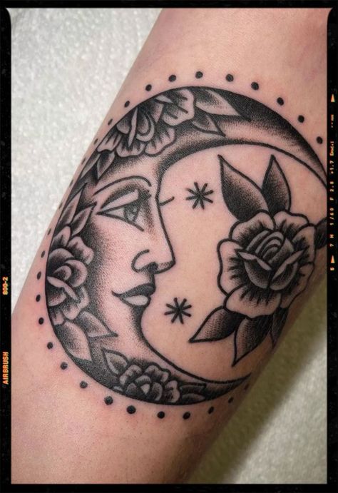 American Tradition Moon Tattoo, Moon Tattoo Trad, Mexican Moon Tattoo, Traditional Style Moon Tattoo, Woman And Moon Tattoo, Moon American Traditional Tattoo, Sun And Moon Traditional Tattoo, American Traditional Moon Tattoo, Renee Tattoo