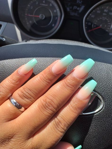 Blue Ombre Summer Nails, Matte Turquoise Acrylic Nails, Matte Teal Acrylic Nails, Teal Blue Ombre Nails, Teal Nails Ombre, Blue Dip Ombre Nails, Cute Teal Nails Acrylic, Spring Color Ombre Nails, Turquoise Nails Acrylic Short