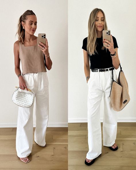 Minimalist Wardrobe: 7 White Wide Leg Trouser Outfit Ideas White Trousers Outfit, Wide Leg Trousers Outfit, Airport Chic, White Wide Leg Trousers, White Jeans Outfit, Trouser Outfit, Trouser Outfits, White Trousers, Fashion Jackson