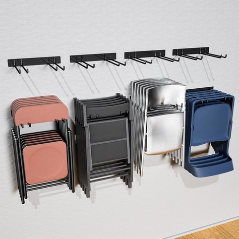 PRICES MAY VARY. 【SPACE SAVING】The 12.2 inch long utility storage hooks can store up to 6 folding chairs each. Ideal for storing lawn chairs, beach chairs, camping chairs, yard chairs and patio chairs etc. 【WIDELY USED】YYR garage hanger is also great for storing your yard tools such as shovels, rakes, power tools, ladders and more. 【NO ASSEMBLY REQUIRED】: Solid, welded storage rack is ready to go out of the box. Simply mount it to the wall and load up your chairs. 【EASY INSTALL】Folding chair rac Table And Chair Storage In Garage, Hang Folding Chairs On Wall, Hanging Folding Chairs On Wall, Folding Table And Chair Storage, Back Porch Organization Ideas, How To Store Camping Chairs In Garage, Folding Table Storage In Garage, Folding Chairs Storage Ideas, Chair Storage Garage