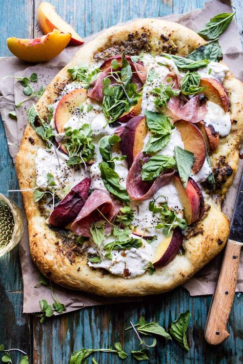 Peach Burrata Pizza with Honey Balsamic. Pizza With Honey, Peach Pizza, Peach Burrata, Pizza Marinara, Burrata Pizza, Pizza Roll, Honey Balsamic, Half Baked, Half Baked Harvest