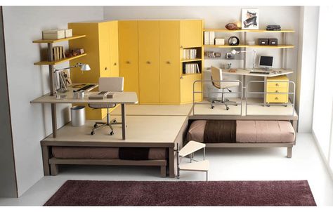 Italian furniture designer Tumidei Spa has some great space saving ideas for kids rooms. By elevating beds and/or desks, Tumidei creates new storage spaces. A room with decent ceiling height is important for many of these designs or it may feel cramped, but the gallery below may even inspire your own designs, where use [...] Små Rum Lidt Plads, Beds For Small Rooms, Compact Furniture, Modern Bunk Beds, Space Saving Beds, Cool Bunk Beds, Hus Inspiration, Loft Design, Teenage Bedroom