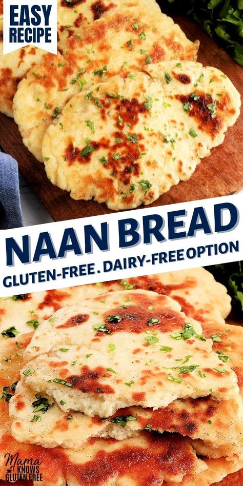 An easy recipe for gluten-free Naan bread. This homemade soft gluten-free flat bread is a great side dish for any meal. This gluten-free flat bread recipe also has a dairy-free option. Gluten Free Flat Bread Recipe, Gf Naan, Mama Knows Gluten Free, Gluten Free Naan Bread, Gluten Free Pita Bread, Gf Sides, Pillsbury Gluten Free, Flat Bread Recipe, Gluten Free Naan