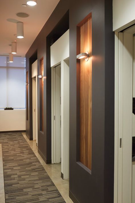 Hallway mix of white,grey, and wood. Alternate natural wood and art all the way down the hallway? Client Office, Dentist Office Design Interiors, Pediatrics Office, Commercial Interiors Office, Dr Office, Lobby Designs, Massage Room Design, Orthodontic Office, Dentist Office Design