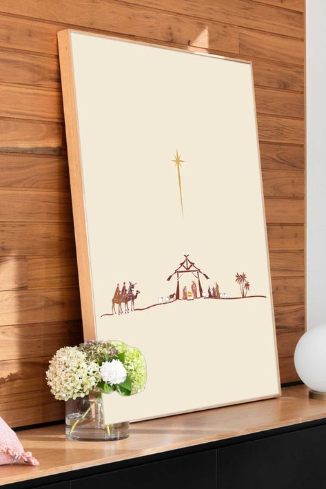 Nativity Scene Wall Art, How To Paint Nativity Scene, Manger Christmas Decor, Diy Large Christmas Wall Art, Large Christmas Art, Christian Christmas Paintings, Nativity Decorations Christmas, Nativity Scene Decor Ideas, Minimalist Nativity Scene