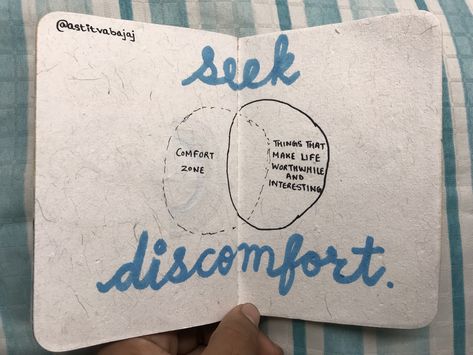 Go out. Seek Discomfort. You only get to live once🌻 #journal #journalideas #yestheory Seek Discomfort Tattoo Yes Theory, Discomfort Aesthetic, Seek Discomfort Wallpaper, Seek Discomfort Tattoo, Seek Discomfort, Interior Bedroom, Collage Wall, Wonderful Words, I Can Relate