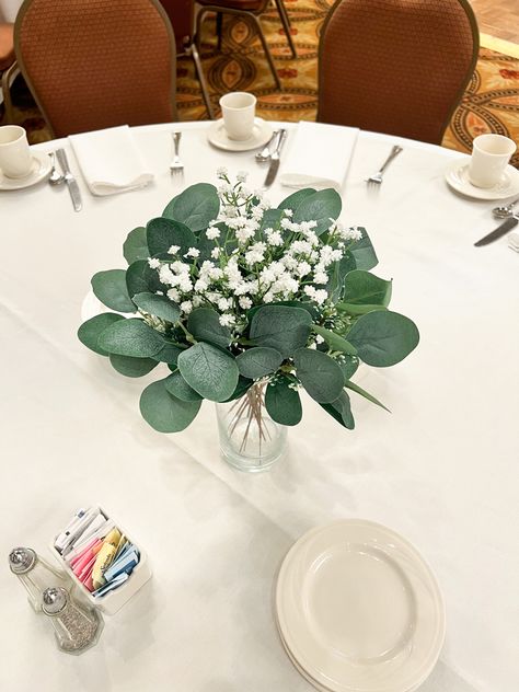 Greenery Party Centerpieces, Eucalyptus Baptism Decor, Simple Baptism Decor, Sage Baptism Decor, Winter Baptism Decor, Small Baptism Party, Adult Baptism Party Ideas, Neutral Baptism Decor, Baptism Flower Arrangements