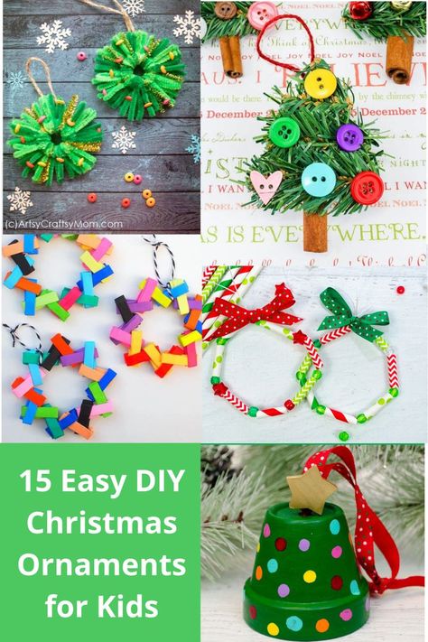 These DIY Christmas ornaments for kids are not only cute, but they're all super simple to make. This post has 15 different DIY Christmas ornament ideas that kids of all ages can make. They're perfect for making as Christmas gifts, or just to keep the kids occupied on a winter weekend. Your entire family will love these adorable DIY Christmas ornament ideas for the kids. #kidscraft #kidscrafts #kidschristmas Christmas Ornament Making Party For Kids, Diy Preschool Ornaments, 5th Grade Ornament Ideas, Christmas Ornament Diy Kids, Diy Ornaments Kids Easy, Christmas Crafts For Kids At School 4th Grade, Pre K Christmas Ornaments, Kids Ornaments Diy Christmas, Homemade Ornament Ideas For Kids