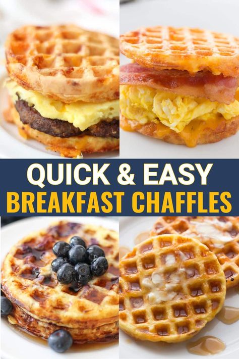 Keto Breakfast Chaffle Stacks - Fluffy low carb chaffle waffles piled with savory and sweet toppings make the perfect quick breakfast! This mouthwatering image shows a loaded bacon egg and cheese chaffle sandwich alongside a sweet berry mascarpone stack and pumpkin spice chaffle wedges. Easy 5 ingredient chaffle recipe included as well as modifications for sweet or savory. These crispy, custom chaffle stacks fit gluten free, keto, whole30, vegetarian and more diets. Affordable pantry ingredients Low Carb Breakfast For Work, How To Make A Chaffle, Bacon And Egg Chaffle, Keto Mini Waffles, Eggless Chaffle Keto, Chaffle Recipes Easy High Protein, Waffles For One Person, Healthy Mini Waffle Maker Recipes, Keto Dessert Chaffle Recipe