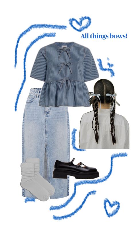 Front bow tie top with denim skirt and Mary Jane’s! All things Bows! Tie Tops Outfit, Spring Outfits With Skirts, Bow Tie Top Outfit, Trending Skirt Outfits, How To Style Denim Skirt, Front Tie Top Outfit, Denim Top Outfit Ideas, Mary Janes Outfit Ideas, Outfit With Denim Skirt