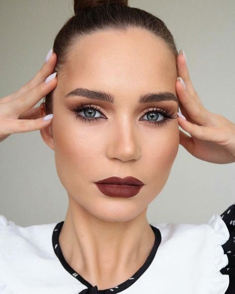 Matte Bridal Makeup Blue Eyes, Dark Lip Light Eye Makeup, Bridesmaid Makeup Dark Lip, November Wedding Makeup, Dark Lip Wedding Makeup, Moody Wedding Makeup Blue Eyes, Burnt Orange Lipstick Makeup, Wedding Makeup Dark Lips, Wedding Makeup Dark Lip