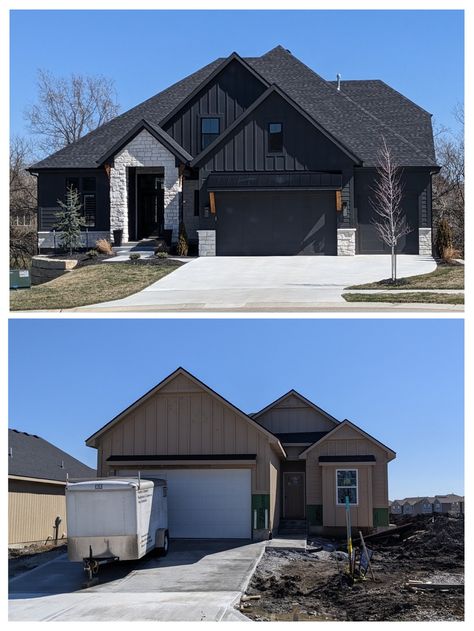 Charcoal Grey House Interior, Black White Stone Exterior, Dark Siding With Stone Exterior, Black White Oak House Exterior, Charcoal And White House Exterior, Dark Exterior With Light Stone, Black House With White Stone, Charcoal Siding House, Dark Charcoal House Exterior