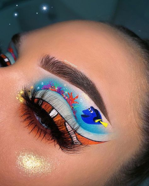 Finding Nemo Makeup, Dory Makeup, Nemo Makeup, Disney Makeup Looks, Nemo Outfit, Inspi Makeup, Disney Eye Makeup, Eyeshadow Designs, Artsy Makeup