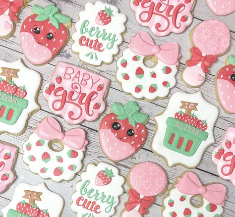 Strawberry Themed Baby Shower Cookies, Strawberry Theme Sugar Cookies, Berry Sweet Cookies Decorated, Berry Excited Baby Shower Theme, Berry Sweet Baby Shower Cookies, Berry Sweet Baby Shower Theme Decor, Strawberry Baby Shower Cookies, Strawberry Baby Shower Decorations, Someone Berry Sweet Is On The Way