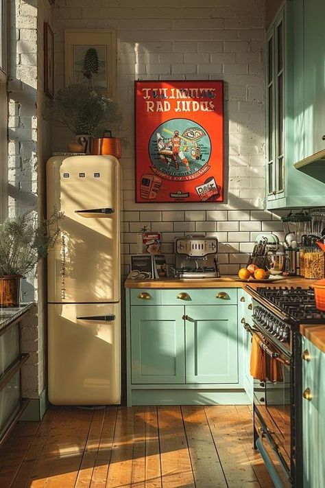 Kitchen 70s Modern, Pop House Design, Minimalistic Vintage Interior, Kitchen Vintage Aesthetic, Retro Interior Design Kitchen, Kitchen 70s Style, Vintage Kitchen Interior, Diner Inspired Kitchen, Kitchen Inspo 2024