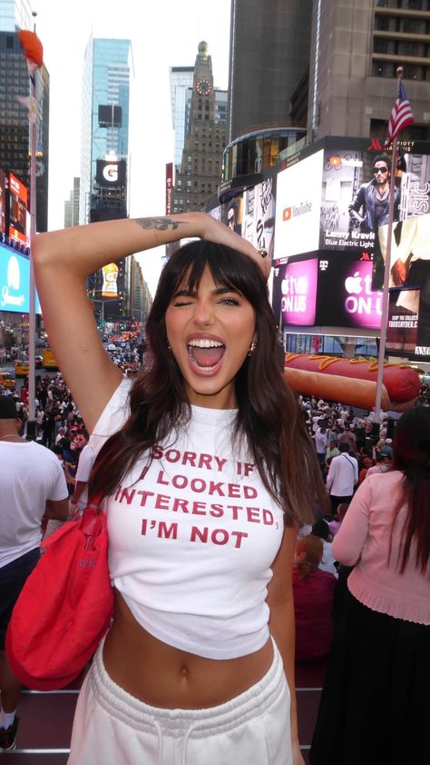 Rachele Santoro "Sorry If I Looked Interested, I'm Not" T-Shirt in Time Square, New York City - IG Story May 27, 2024 Sorry If I Looked Interested I'm Not, Time Square Outfit, Time Square New York, Shirt Slogans, Slogan Tshirt, May 27, Ig Story, Summer 2024, In Time