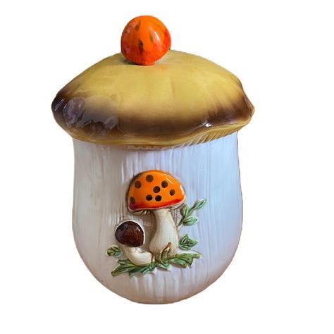 Vintage Merry Mushroom Sears 1978 Medium Sized Ceramic Canister Cookie Jar Tan Orange White Jar Food Storage, Merry Mushroom, Jar Food, Ceramic Canister, Kitchen Vintage, Kitchen Food Storage, Cookie Jars, Cookie Jar, Orange White